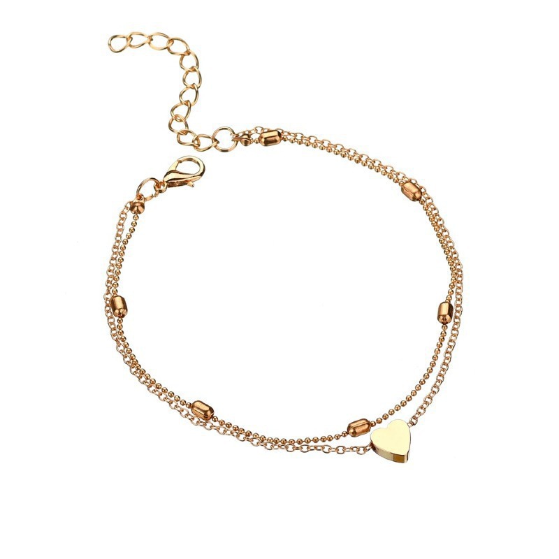 Womens Double Layer Ankle Bracelet with Heart Pendant